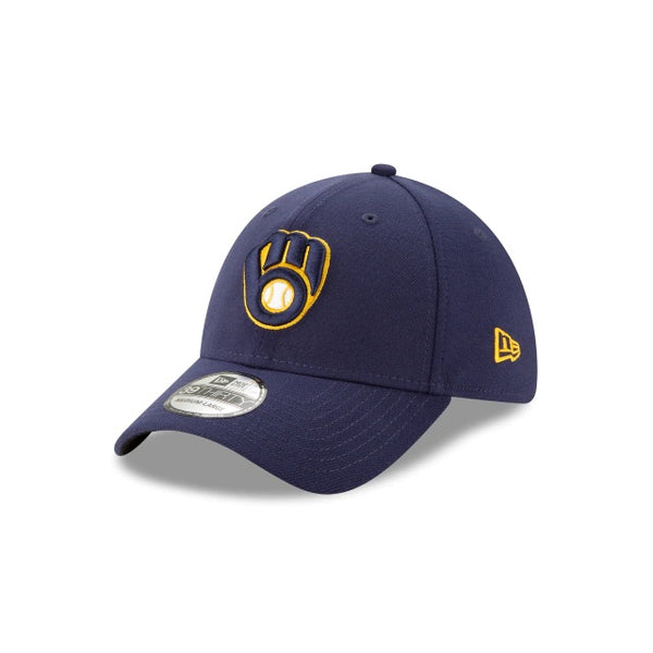 New Era Milwaukee Brewers MLB Glove Logo Team Classic 39THIRTY Stretch Fit Hat Navy Blue