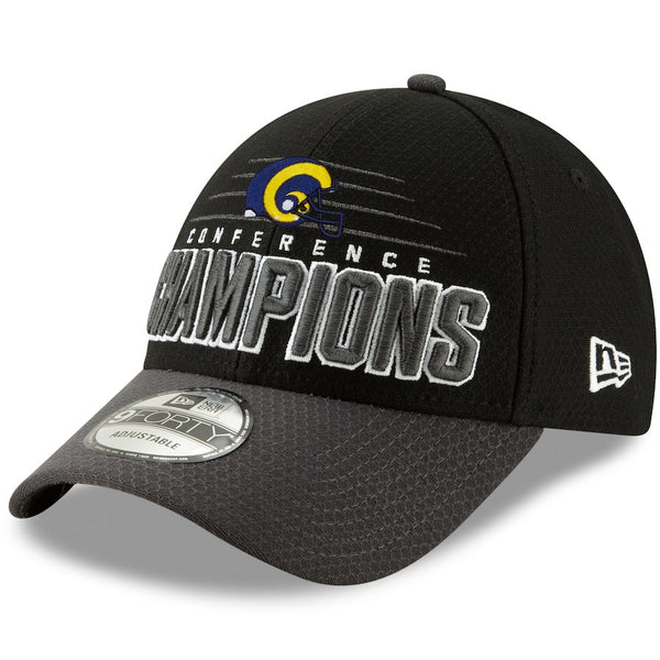 1 New Era Los Angeles Rams NFL NFC Champions Trophy Collection Locker Room 9FORTY Snapback Hat Black Graphite