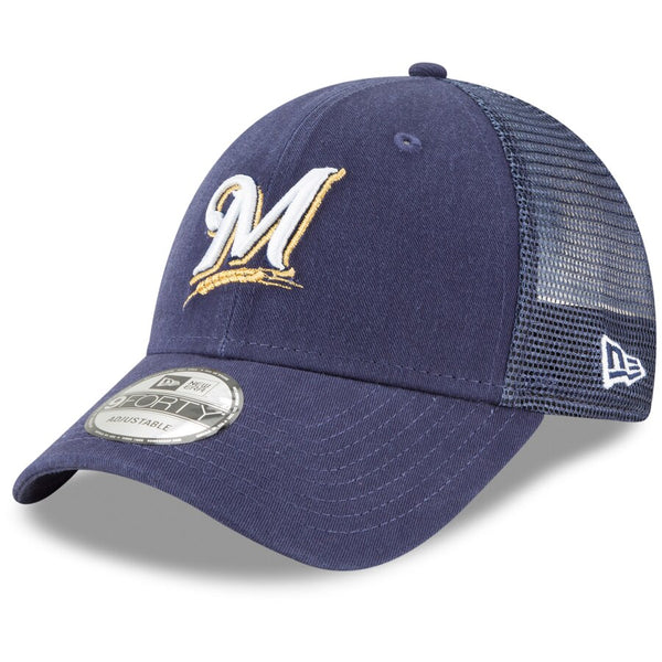 1 New Era Milwaukee Brewers MLB Trucker Mesh 9FORTY Snapback Hat Navy Blue
